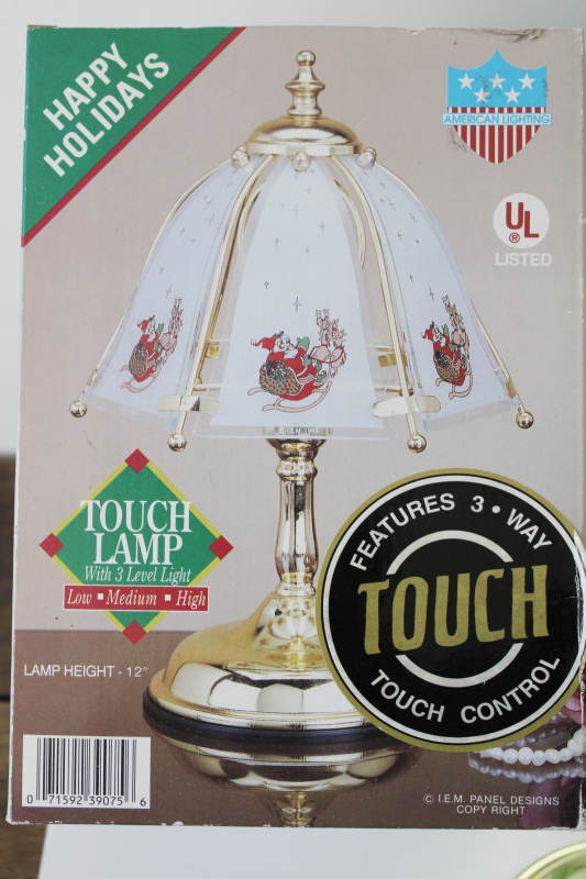 photo of new in box 1990s vintage touch lamp, Christmas Santa sleigh print glass shade  #5