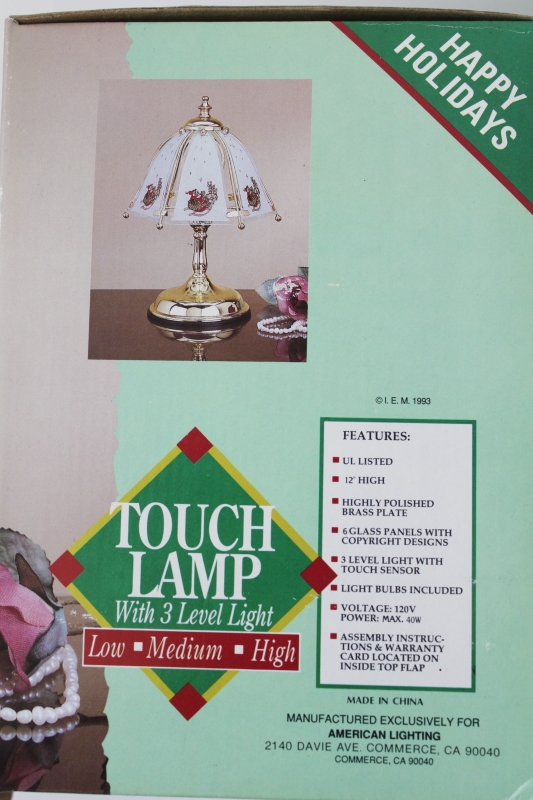 photo of new in box 1990s vintage touch lamp, Christmas Santa sleigh print glass shade  #7