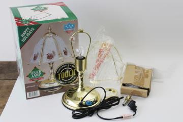 catalog photo of new in box 1990s vintage touch lamp, Christmas Santa sleigh print glass shade 