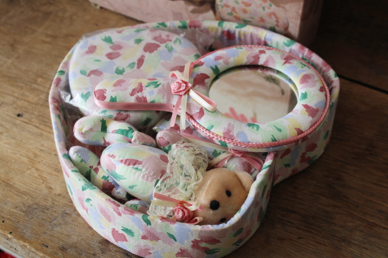 photo of new in box 80s vintage cottagecore girly vanity set, floral print cotton heart frame, trinket box etc  #2