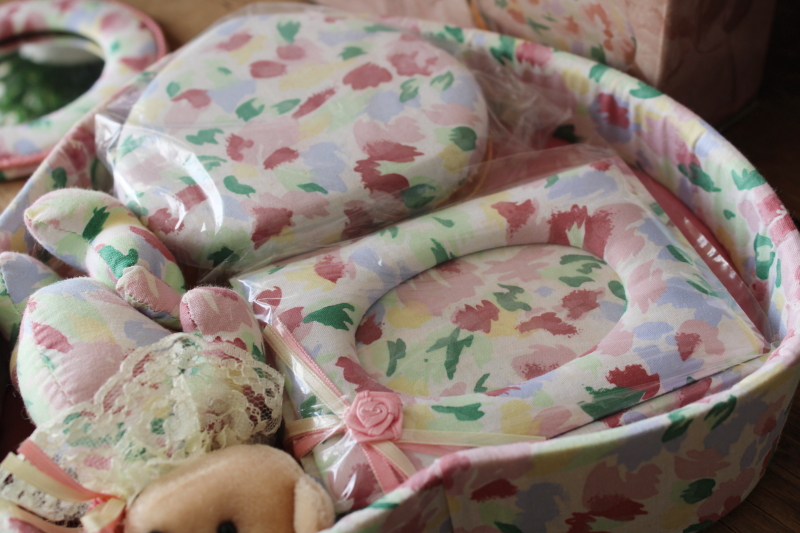 photo of new in box 80s vintage cottagecore girly vanity set, floral print cotton heart frame, trinket box etc  #3