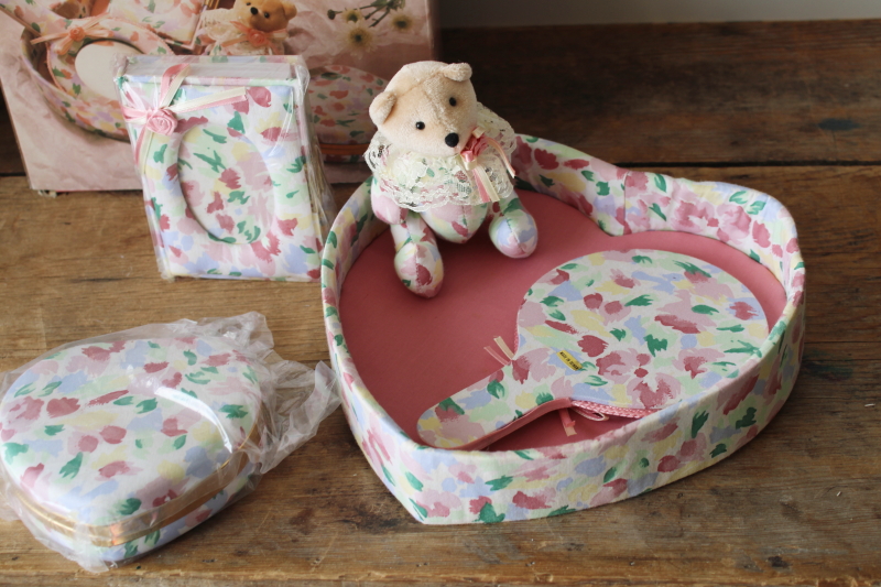 photo of new in box 80s vintage cottagecore girly vanity set, floral print cotton heart frame, trinket box etc  #4
