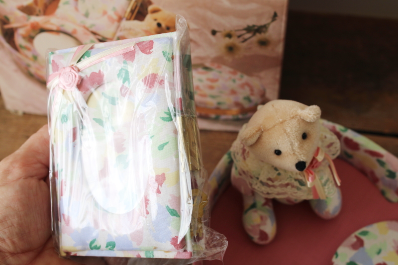 photo of new in box 80s vintage cottagecore girly vanity set, floral print cotton heart frame, trinket box etc  #6