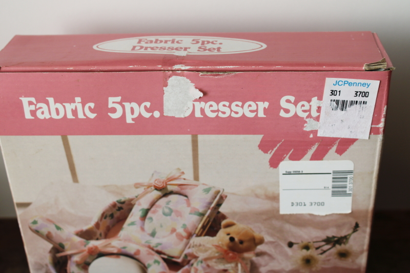 photo of new in box 80s vintage cottagecore girly vanity set, floral print cotton heart frame, trinket box etc  #8
