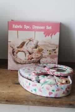 catalog photo of new in box 80s vintage cottagecore girly vanity set, floral print cotton heart frame, trinket box etc 