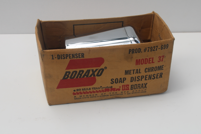 photo of new in box Boraxo soap powder dispenser wall mount MCM vintage, bright shiny chrome  #2