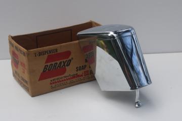 new in box Boraxo soap powder dispenser wall mount MCM vintage, bright shiny chrome 