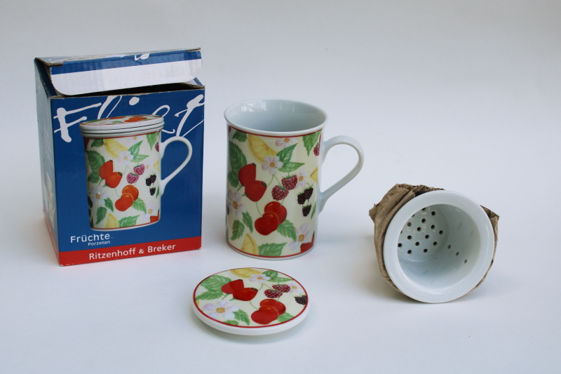photo of new in box Fruchte porzellan Germany fruit pattern tea mug w/ china strainer and lid  #1