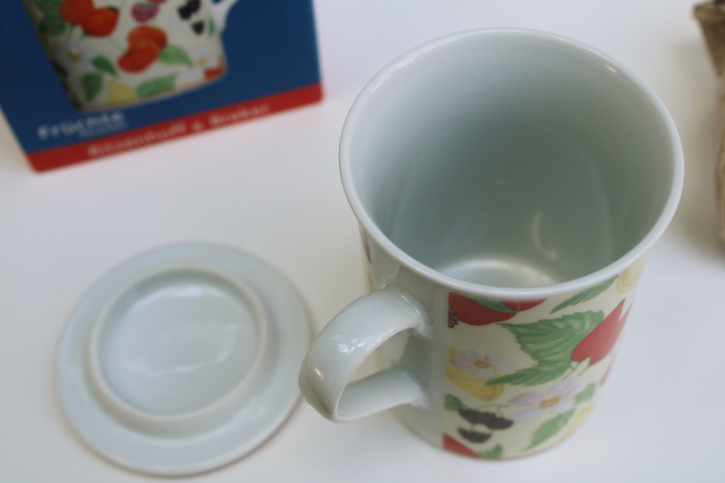 photo of new in box Fruchte porzellan Germany fruit pattern tea mug w/ china strainer and lid  #2