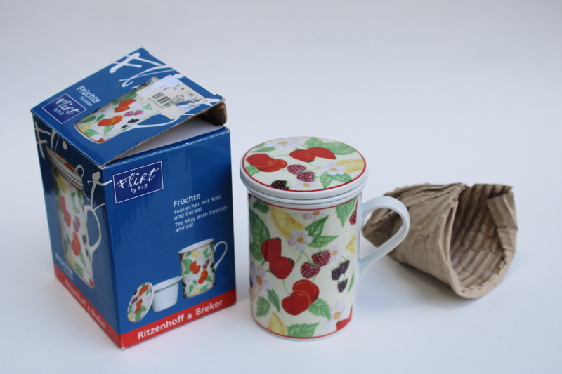 photo of new in box Fruchte porzellan Germany fruit pattern tea mug w/ china strainer and lid  #3