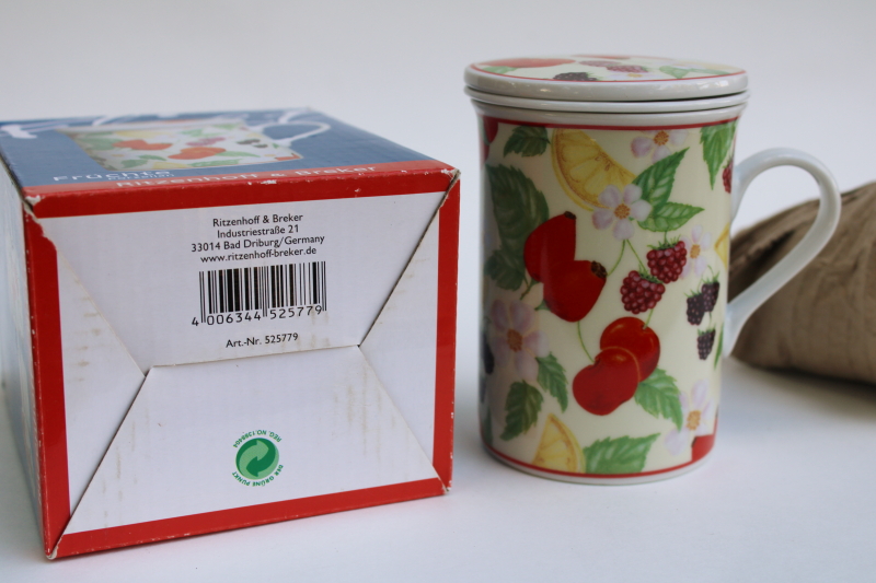 photo of new in box Fruchte porzellan Germany fruit pattern tea mug w/ china strainer and lid  #4