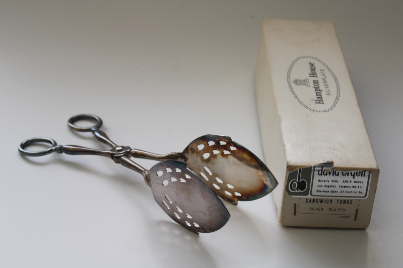 photo of new in box mid century vintage silver plated sandwich tongs, fancy server for tea sandwiches #1