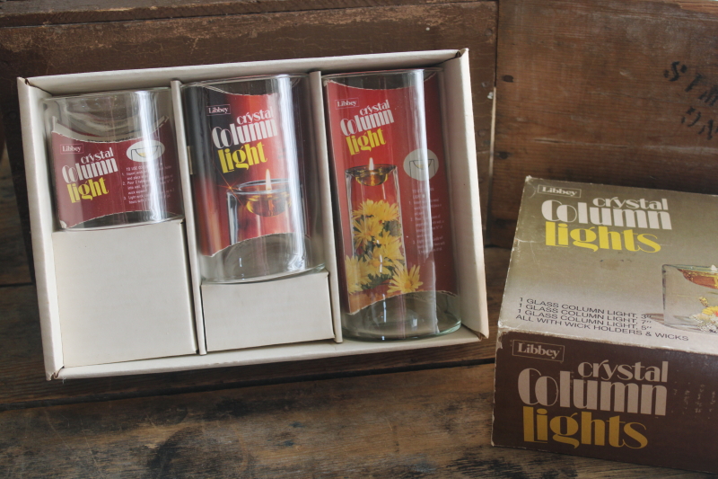 photo of new in box set 70s vintage Libbey glass column oil candle lamps trio, minimalist mod  #1