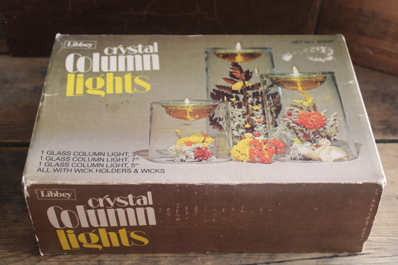 photo of new in box set 70s vintage Libbey glass column oil candle lamps trio, minimalist mod  #6