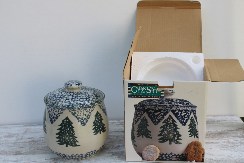 photo of new in box vintage Cabin in the Snow Tienshan stoneware cookie jar, spongeware green trees w/ blue  #1