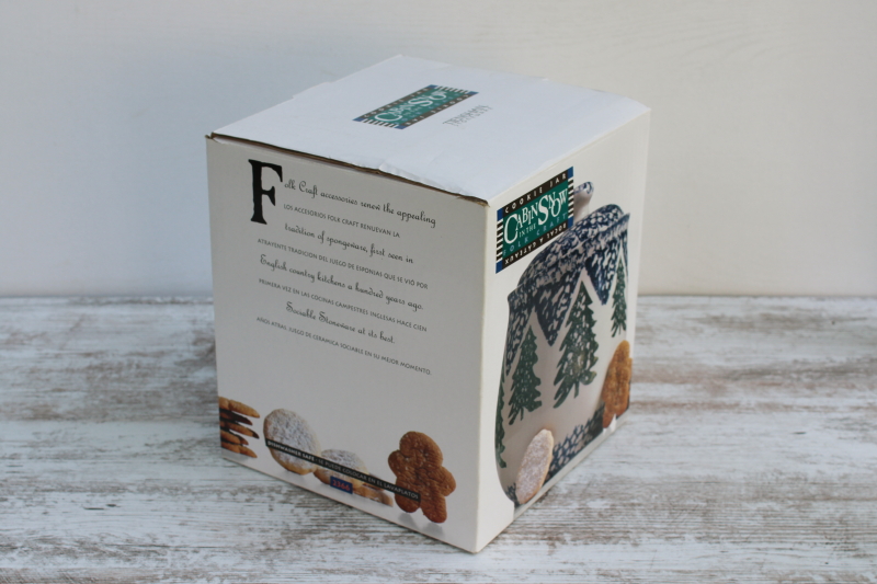 photo of new in box vintage Cabin in the Snow Tienshan stoneware cookie jar, spongeware green trees w/ blue  #8