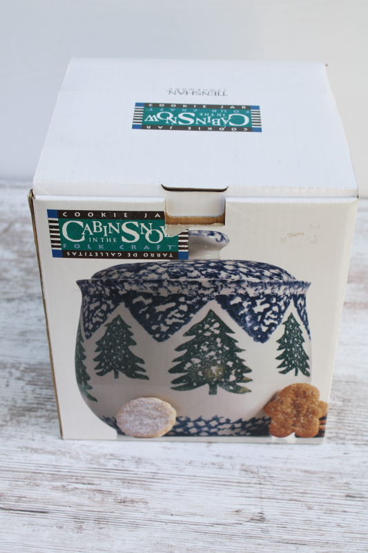 photo of new in box vintage Cabin in the Snow Tienshan stoneware cookie jar, spongeware green trees w/ blue  #9