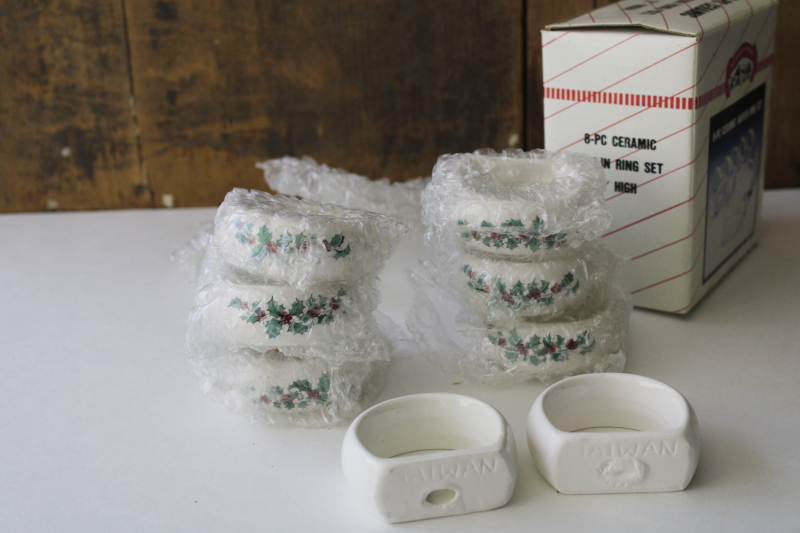 photo of new in box vintage Christmas holly ceramic napkin holders, set of 8 napkin rings 1980s Taiwan  #2
