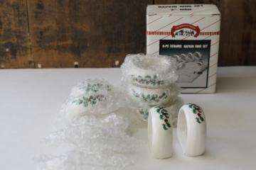 new in box vintage Christmas holly ceramic napkin holders, set of 8 napkin rings 1980s Taiwan 
