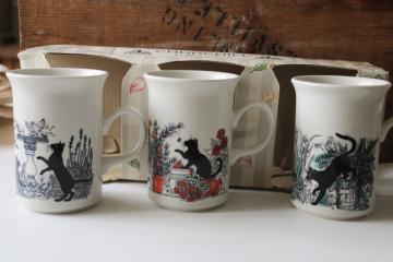 catalog photo of new in box vintage Churchill English china tea mugs w/ cat silhouettes, cats in the garden 