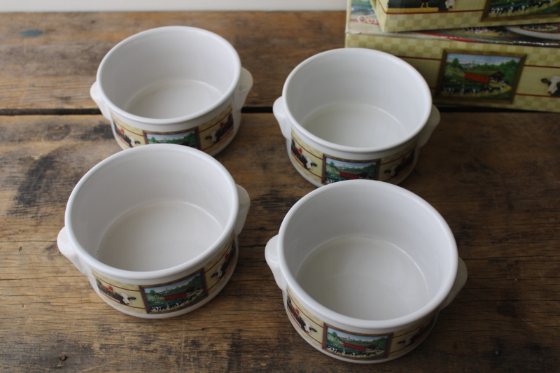 photo of new in box vintage Country Cows farm print soup bowls, deep mug shape w/ handles #2