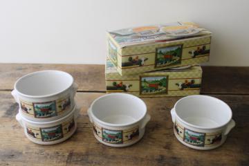 catalog photo of new in box vintage Country Cows farm print soup bowls, deep mug shape w/ handles