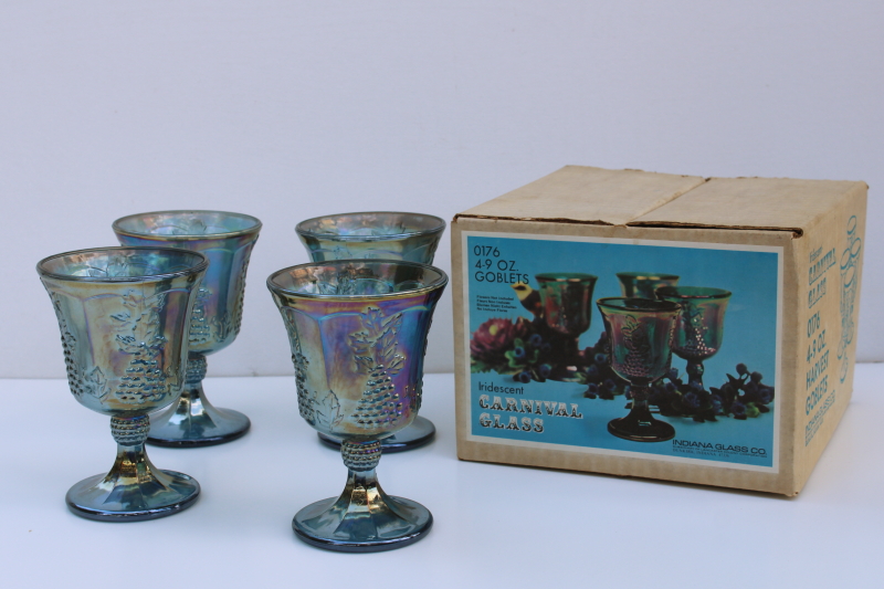 photo of new in box vintage Indiana carnival glass goblets blue iridescent luster grapes  #1