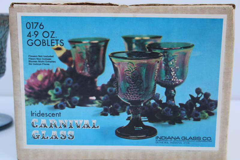 photo of new in box vintage Indiana carnival glass goblets blue iridescent luster grapes  #2