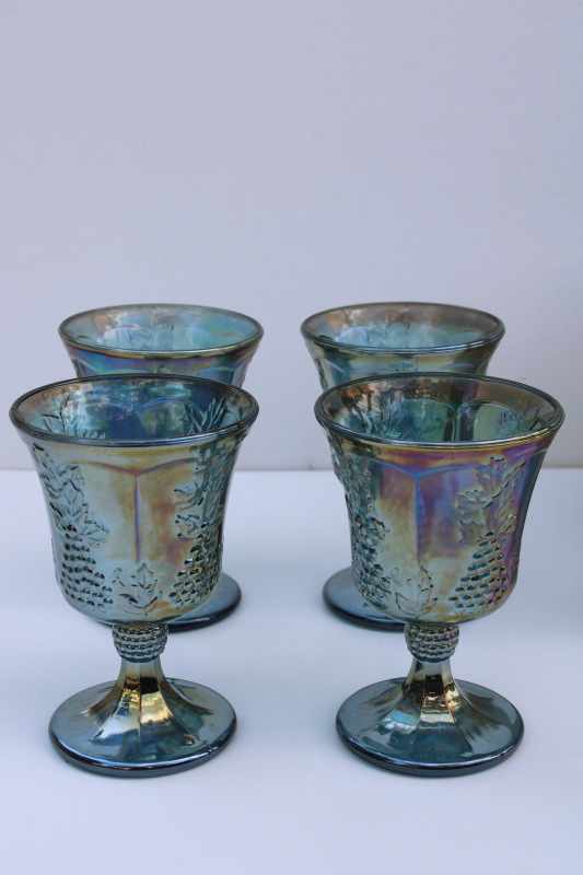 photo of new in box vintage Indiana carnival glass goblets blue iridescent luster grapes  #3