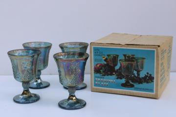 catalog photo of new in box vintage Indiana carnival glass goblets blue iridescent luster grapes 