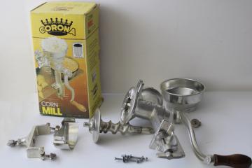 catalog photo of new in box vintage Landers Corona grain corn grinder hand crank burr mill