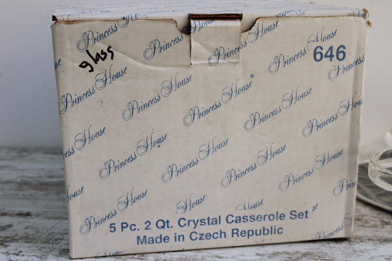 photo of new in box vintage Princess House Heritage crystal casserole set, clear etched glass pot w/ lid, accessories  #2