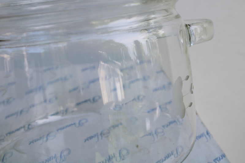 photo of new in box vintage Princess House Heritage crystal casserole set, clear etched glass pot w/ lid, accessories  #3