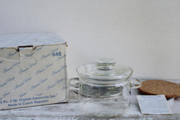 new in box vintage Princess House Heritage crystal casserole set, clear etched glass pot w/ lid, accessories 