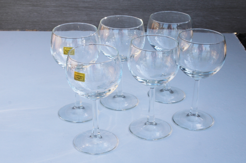 photo of new in box vintage balloon wine glasses, hand blown French crystal stemware Luminarc label #5