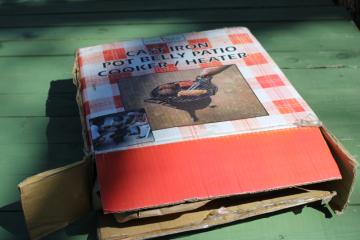 catalog photo of new in box vintage cast iron pot belly grill patio heater, small fire pit or tabletop stove 