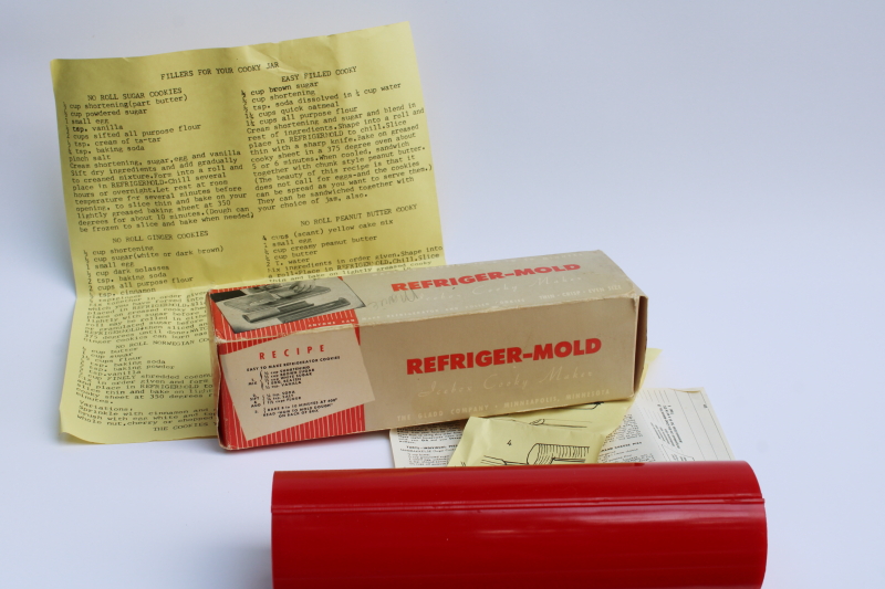 photo of new in box vintage cherry red plastic Refrigerator icebox cookie mold for slice and bake cookies w/ recipes  #1