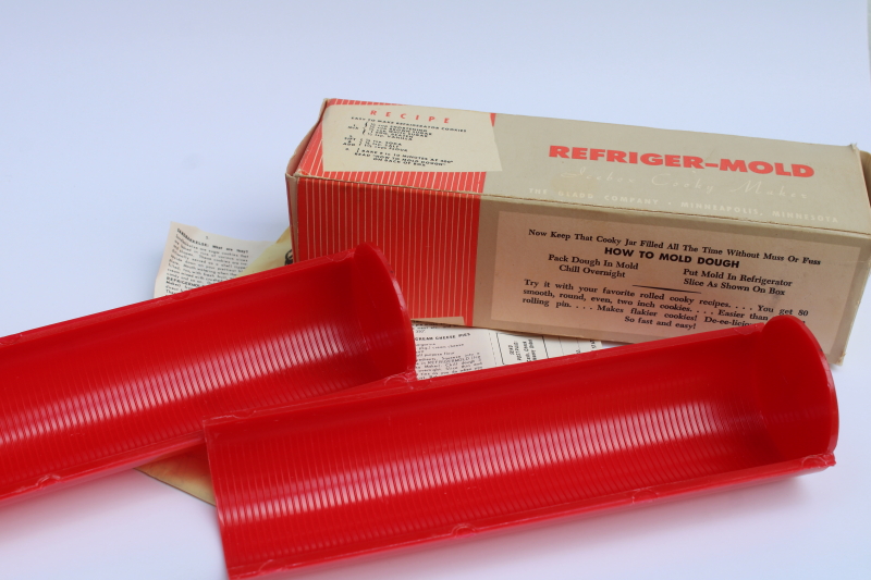 photo of new in box vintage cherry red plastic Refrigerator icebox cookie mold for slice and bake cookies w/ recipes #3