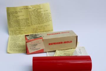 catalog photo of new in box vintage cherry red plastic Refrigerator icebox cookie mold for slice and bake cookies w/ recipes 