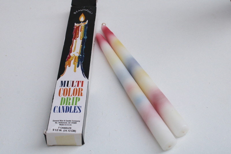 photo of new in box vintage rainbow multi color drip wax candles, pair candle tapers to put in old wine bottles #1