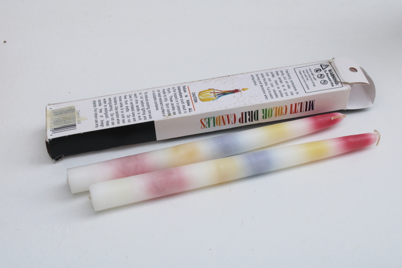 photo of new in box vintage rainbow multi color drip wax candles, pair candle tapers to put in old wine bottles #2