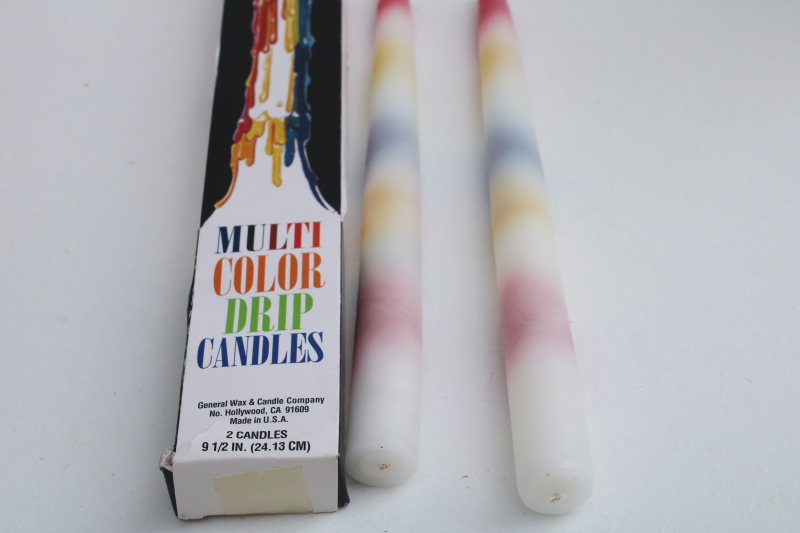 photo of new in box vintage rainbow multi color drip wax candles, pair candle tapers to put in old wine bottles #3