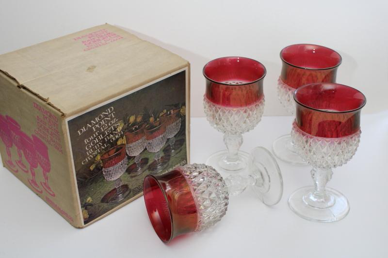 photo of new in box vintage ruby band diamond point Indiana glass goblets, water or wine glasses #1