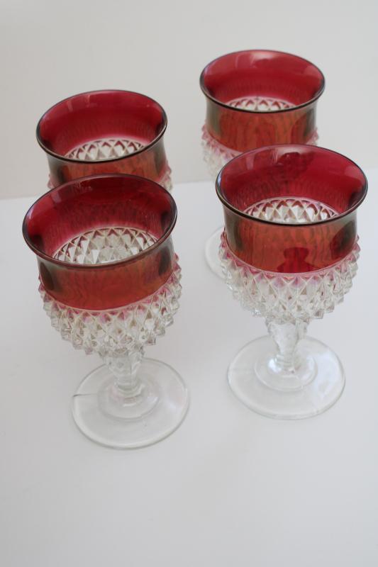 photo of new in box vintage ruby band diamond point Indiana glass goblets, water or wine glasses #4