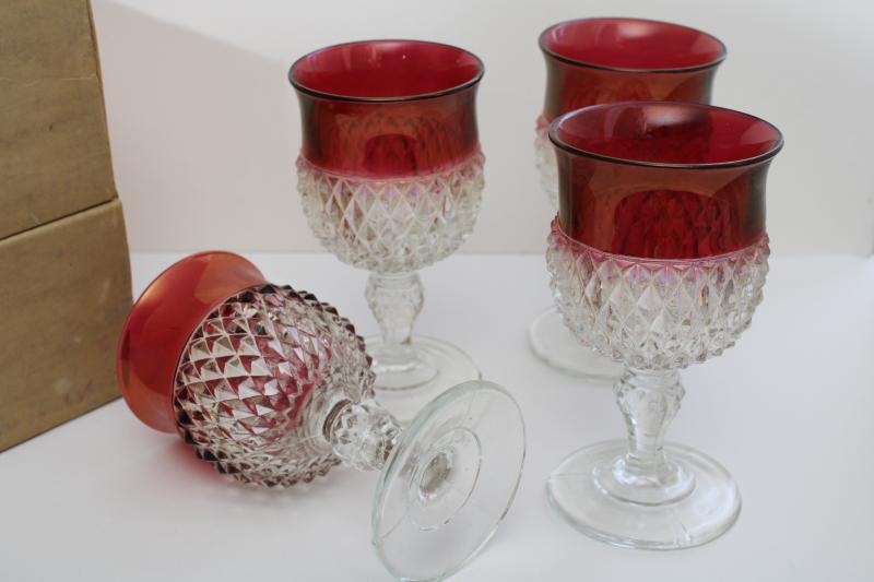 photo of new in box vintage ruby band diamond point Indiana glass goblets, water or wine glasses #6