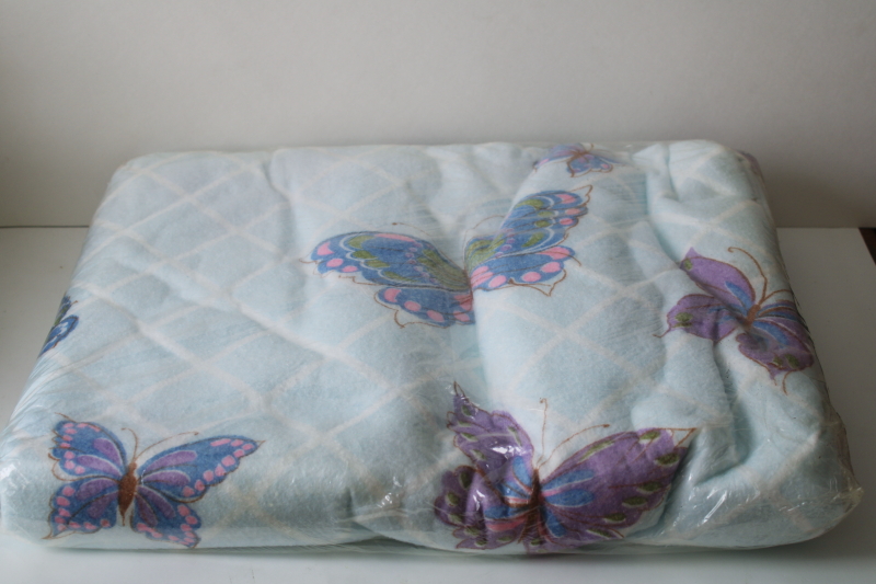 photo of new in package 1980s vintage blanket blue lavender pink butterflies print, full or twin size poly blanket  #1