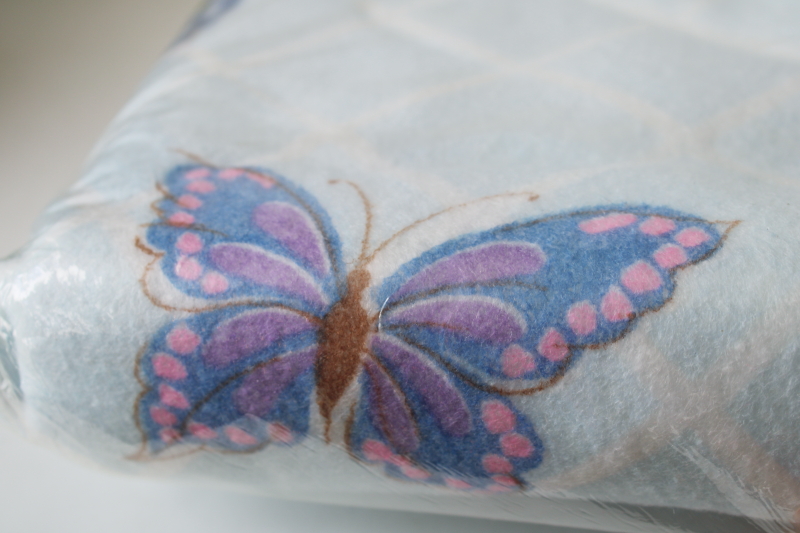 photo of new in package 1980s vintage blanket blue lavender pink butterflies print, full or twin size poly blanket #2
