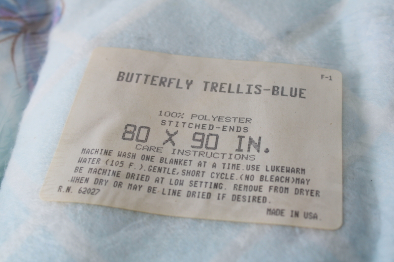 photo of new in package 1980s vintage blanket blue lavender pink butterflies print, full or twin size poly blanket #3
