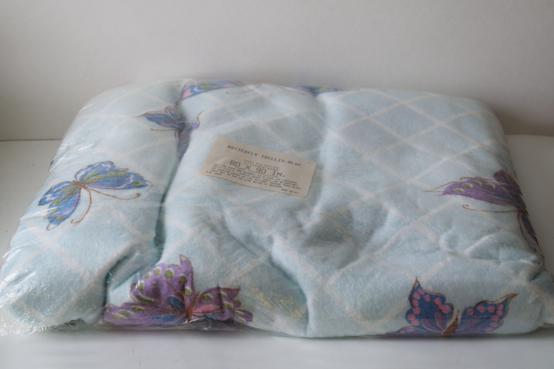 photo of new in package 1980s vintage blanket blue lavender pink butterflies print, full or twin size poly blanket #4