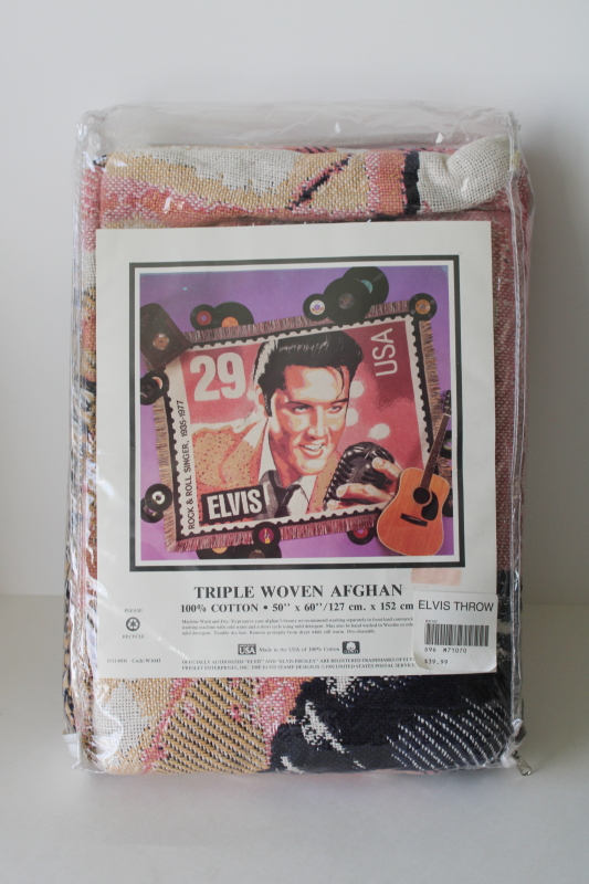 photo of new in package 1990s vintage cotton tapestry throw blanket, Elvis Presley US Postage Stamp 29 cents  #1